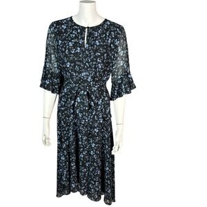 Shoshanna Ditsy Floral dress Size 6 Cottagecore Black Chiffon Bell Sleeve Midi